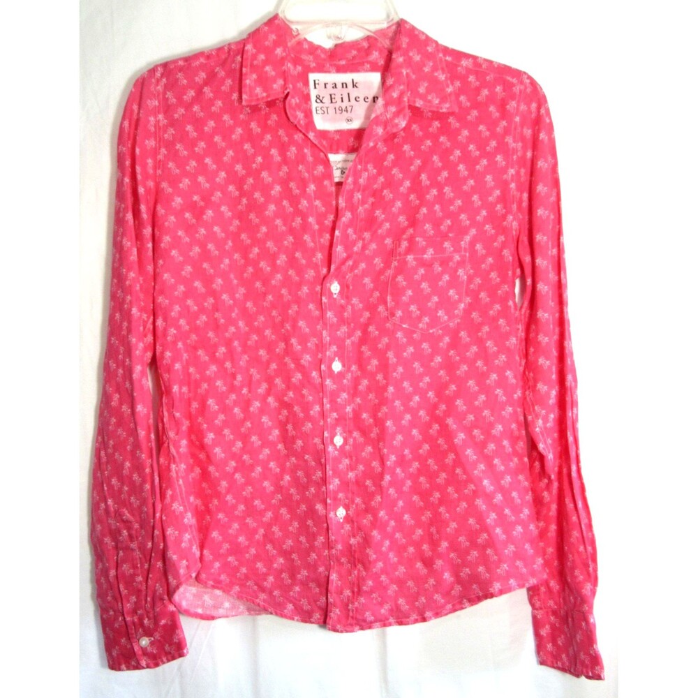 Frank & Eileen Barry Pink Palm Tree Long Sleeve Button Down Linen Shirt XS EUC